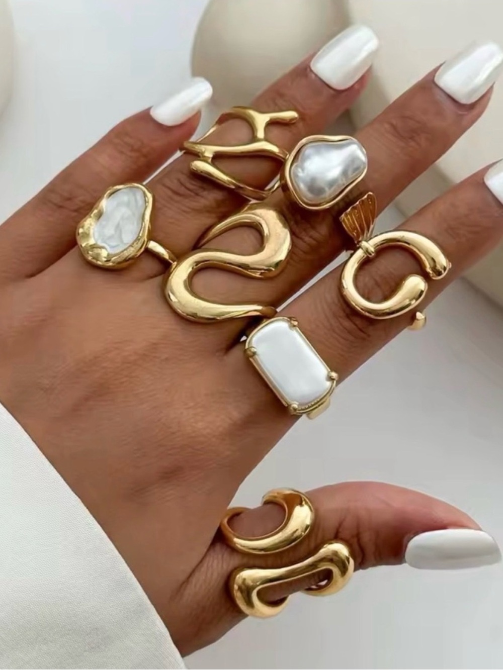 Gold and White Pearl Sculptural Ring Set - Picture 3 of 5